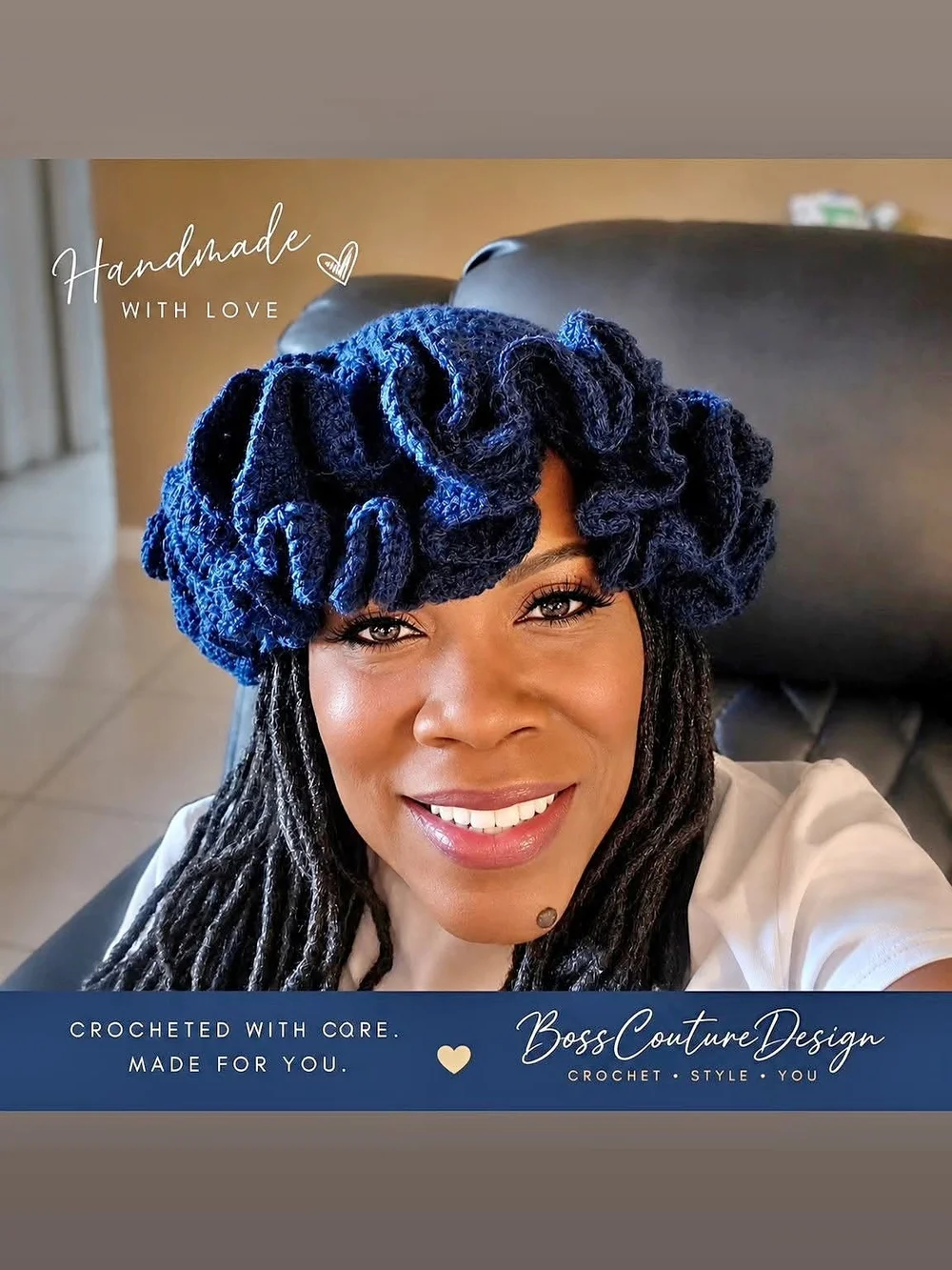 Handmade Navy Crochet Ruffle Hat